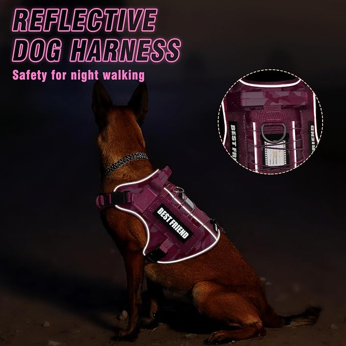 Tactical Dog Harness for Large Dogs,No Pull Military Dog Vest with Easy Control Handle&Molle,Reflective Heavy Duty Pet Harness for K9 Working Hiking Training Daily Walking Camo Pink XL