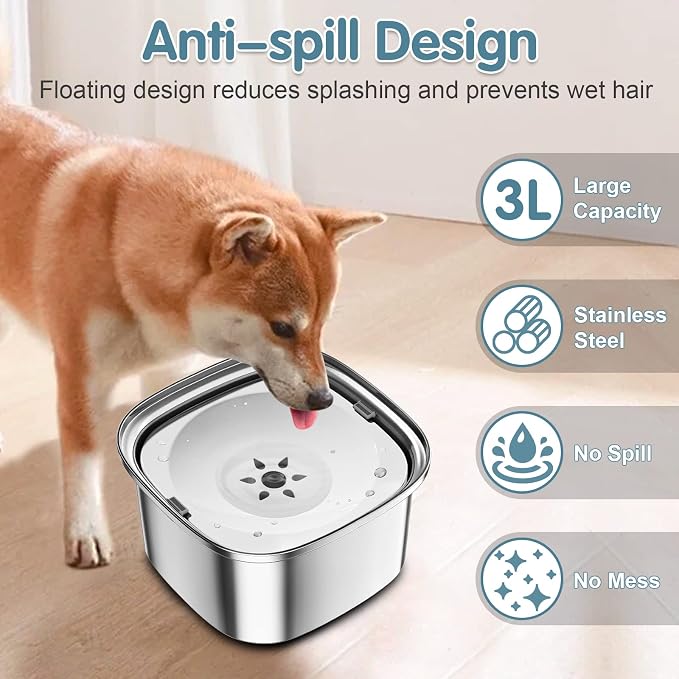 UPSKY 3L Dog Water Bowl 101oz Stainless Steel No Spill Large Capacity Dog Food Water Bowl Slow Water Feeder, Spill Proof Pet Water Dispenser Vehicle Carried Travel Water Bowls