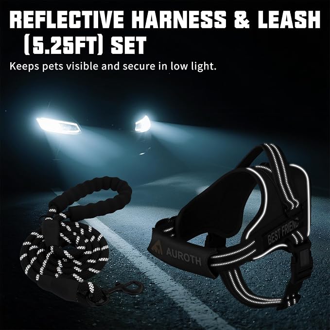 AUROTH Dog Harness and Leash Set Small Sized Dog, No Pull Escape Proof Vest | with Leash Clips, LED light clip, Breathable Mesh Padded No Choke, Easy Walking and Training, Black, Small