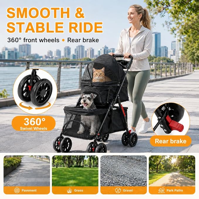 Double Pet Stroller for 2 Cats & Dogs, 2-in-1 Cat & Dog Stroller, Lightweight Foldable Travel Cart with Cup Holder & Brake Cat Strollers for 2 Cats, Dog Strollers for 2 Small Dogs