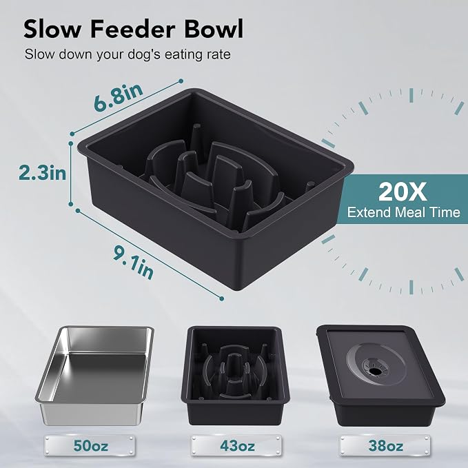 UPSKY 3-in-1 Elevated Dog Bowls Slow Feeder, Adjustable Stand, Stainless Steel Food & No Spill Pet Water Bowl for Small Medium Dogs