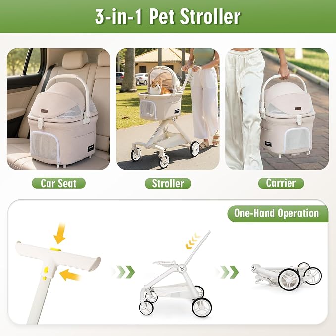 TT Pet Stroller for Small Dog & Cats (Beige) | Detachable Carrier, Aluminum Alloy Frame, Adjustable Handle, Easy Installation, One-Touch Brake, Larger Rear Wheels