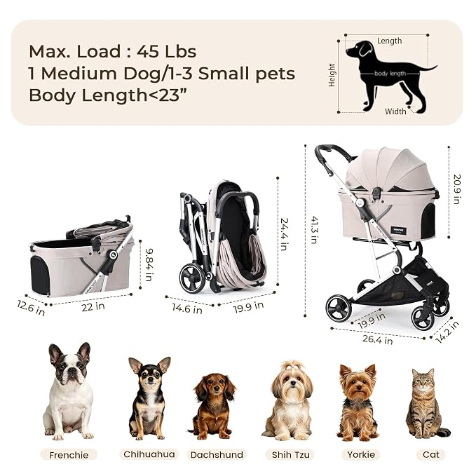 Beberoad Pet Stroller for Small Dogs and Medium Pets 4 Wheel | Aluminum Alloy Frame, All-Terrain Wheels, One Hand Fold Stroller, Lightweight Roomy Cabin
