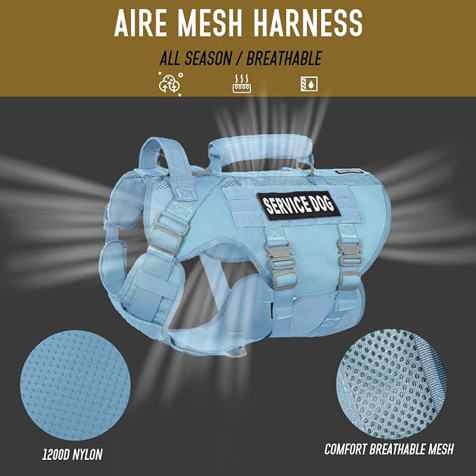 Service Dog Vest for Large Dogs, Blue Tactical Harness with Military MOLLE, Breathable Mesh & 39g Metal Buckle - Size L for Training & Hiking