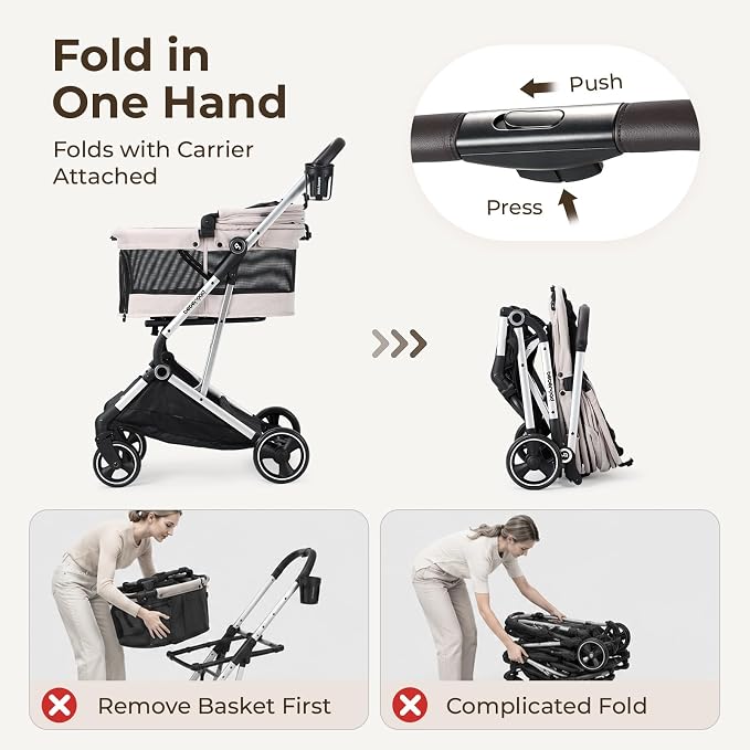 T4 PRO Pet Stroller for Small Medium Dogs, Cat Strollers for 2 Cats, 4 Wheels Folding Pet Stroller for Cats with Pad, Canopy and Cup Holder, Beige