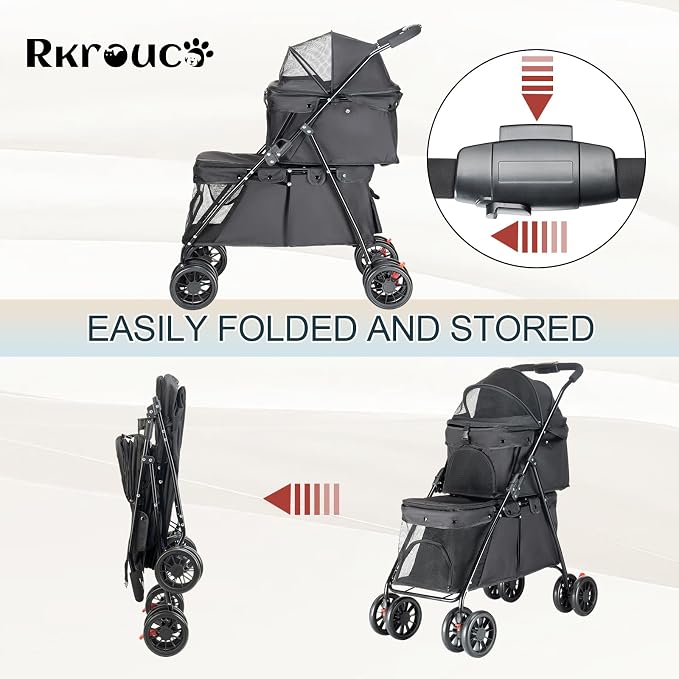 Double Pet Stroller for Medium Small Dogs and Cats with 2 Carriage, Durable Universal Wheels with Brakes Lightweight One Hand Foldale Kittens Puppies Travel Strolling Cart (Black)