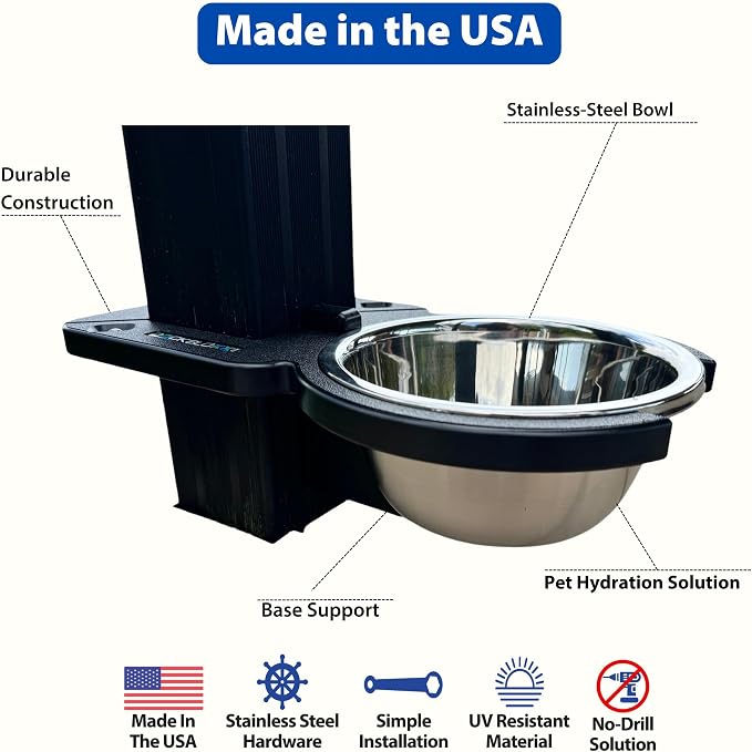 Dock Mounted Dog Bowl & Holder – UV & Rust-Resistant, Marine-Grade, Easy No-Drill Installation, Made in The USA- Fits a 2" Square Post