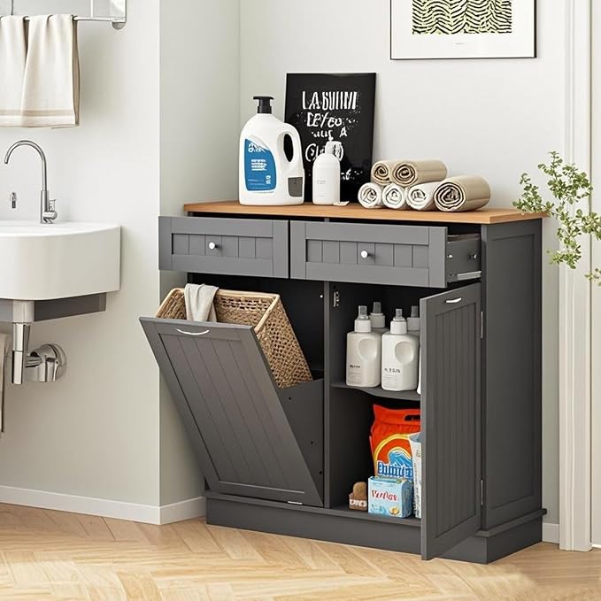 POWERSTONE Hidden Tilt Out Trash Cabinet Kitchen Island with 2 Drawers & Adjustable Shelf, Rubber Wood Countertop, Freestanding Laundry Hamper Recycle Bins, Pet Proof Garbage Can Holder Grey