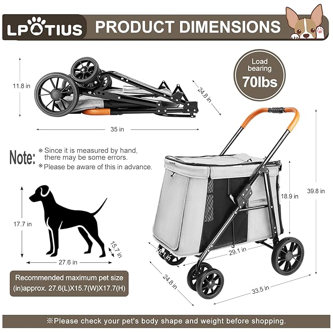 Pet Stroller for Large & Medium Dogs up to 70 lbs, 4-Wheel Extra Large Dog Stroller with 3-Way Entry & Sunshade, Heavy Duty Puppy Wagon with One-Click Folding, All-Terrain & Ventilated, Gray