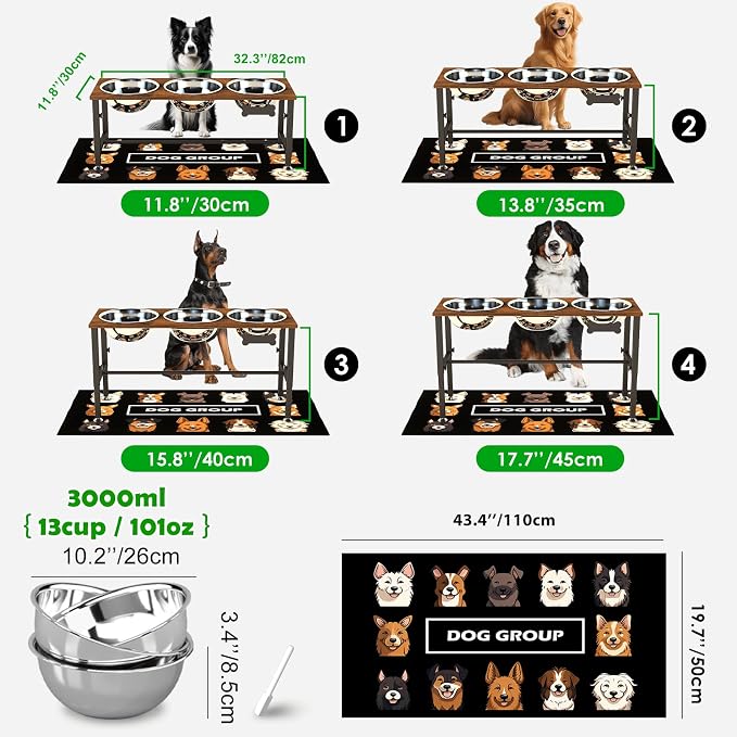 SHAINFUN Adjustable Height Elevated Dog Bowl Stand for Large & Extra Large Dogs – Wooden Raised Dog Bowls with Three 101oz Stainless Steel Bowls & Mat, Stainless Steel Food & Water Station