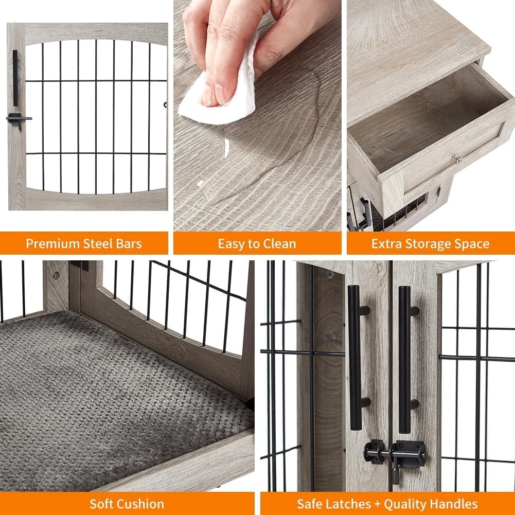Dog Crate Furniture for Large Dogs, Wooden Dog Kennel Indoor with Double Doors, Dog Cage with Cushion & Drawers, Dog House Side End Table for Large Medium Dogs up to 70 lb, 39.4” L, Grey