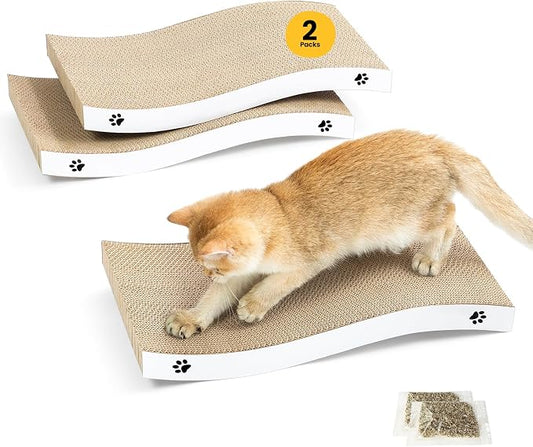 Cat Scratcher, Durable Scratch Pad, Corrugated Cardboard Scratching Board for Indoor Cats, Heavy Duty, Double-Sided Usability, Recyclable, with Catnip, Large, 2 Pack