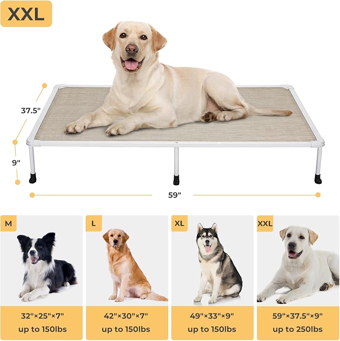 Veehoo Chewproof Elevated Dog Bed - Cooling Raised Pet Cot, Breathable Mesh, Washable & Non-Slip for large Dogs, Indoor/Outdoor, Beige Coffee Mat and Silver Metal Frame, 59x37inches (Model CWC2203B03)