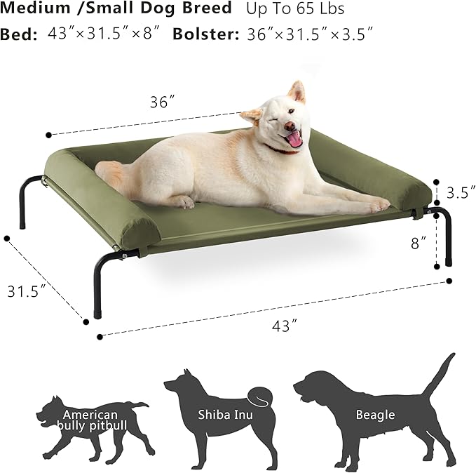 Cooling Elevated Dog Bed for Large Dogs, Outdoor Raised Dog Beds Dogs Cot | Dogs Bed W/Breathable Mesh, Pet Cots W/Removable Waterproof Bolster