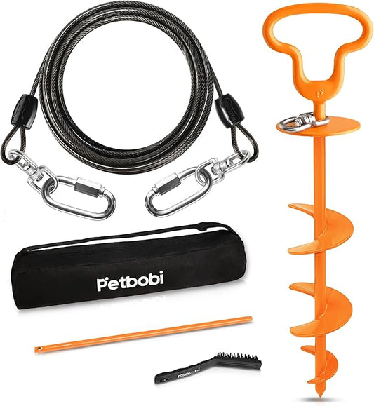 Petbobi Heavy Duty Dog Tie Out Cable and Stake - 10FT Steel Wire Dog Leads for Large Dogs Up to 300lbs, Anti Rust Spiral Stake with Strong Leash & 360° Swivel Hooks - Ideal for Yard, Outdoor & Camping