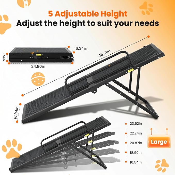 Dog Ramp for Bed,Couch,Car, 5-Level Adjustable Foldable Pet Ramp | With Non-Slip Rubber Surface & Safety Side Rail, Adjustable Height 16"-23.6", For Small & Medium Dogs, Supports Up to 200 lbs
