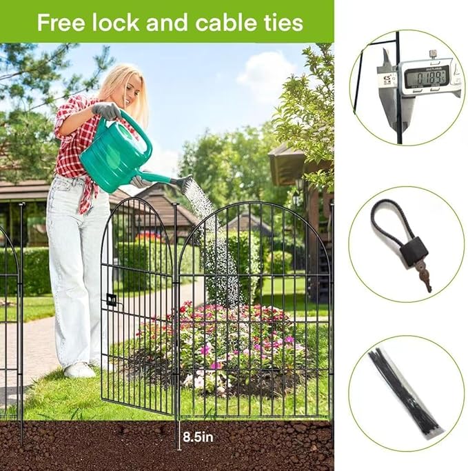 ADAVIN Garden Fence Animal Barrier with Gate 40 in(H)×26.2 Ft(L) 12 Panels,Rustproof Metal Wire Tall Fencing Border for Dogs Rabbits,Outdoor no dig pet Fences,Black Flower Edging for Yard,Arched