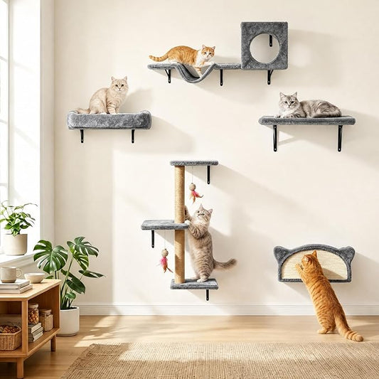 5-in-1 Cat Wall Shelves for Indoor Cats, Wall Mounted Cat Furniture Set with Bed, Perch, Hideaway Condo, Scratching Post & Scratcher, Cat Climbing Wall System, Space Saving Design, Grey