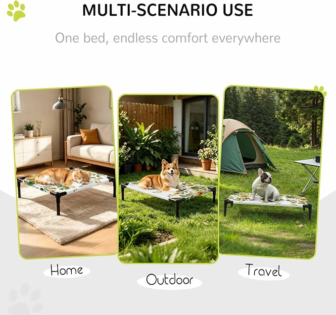 Outdoor Elevated Dog Bed for Small Dogs, Hanging Floral Breathable Cooling Raised Dog Cot for Indoor/Outdoor, Spring Botanical Sunflower Green Leaves Waterproof Elevated Pet Beds, S 20 x 20 in