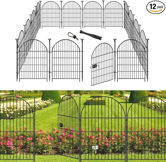 Okaygardn Tall Garden Fence with Gate 40 in(H)x26.2 Ft(L), 12 Panels Dog Fence Outdoor for Yard, No Dig Garden Fence Border,Heavy Duty Metal Temporary Rabbit Dog Fences Animal Barrier for Outdoor Yard