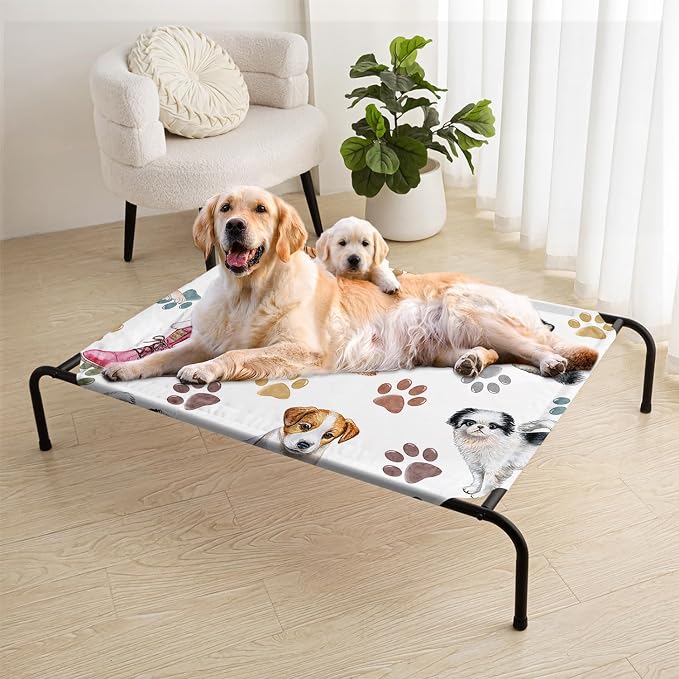 Cartoon Dog Paw Pattern Orthopedic Elevated Dog Pet Bed(47"X31"X9"),with Metal Frame,Printing Breathable Waterproof Dog Kennel,Sleeping Bed for Small Medium Large Dogs Cats,for Home,Outdoor Use