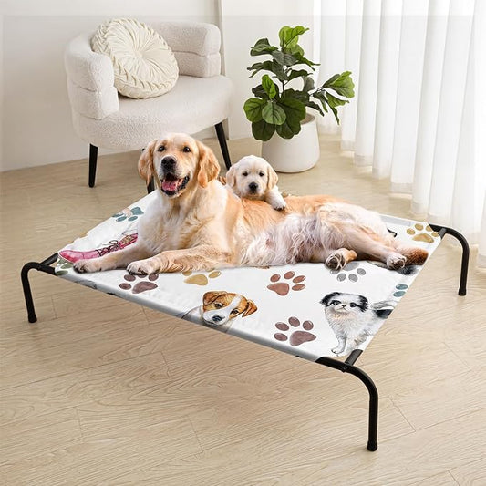 Cartoon Dog Paw Pattern Orthopedic Elevated Dog Pet Bed(35"X25"X8"),with Metal Frame,Printing Breathable Waterproof Dog Kennel,Sleeping Bed for Small Medium Large Dogs Cats,for Home,Outdoor Use