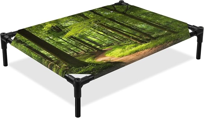 Outdoor Elevated Dog Bed for Medium Dogs, Green Forest Breathable Cooling Raised Dog Cot for Indoor/Outdoor, Retro Rustic Natural Scenery Trees Waterproof Elevated Pet Beds, M 24 x 20 in