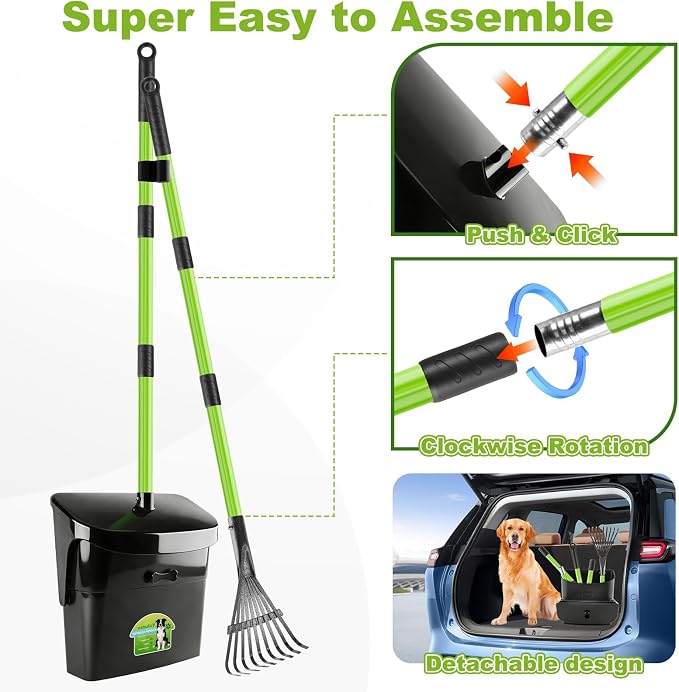 Pooper Scooper Swivel Bin & Rake with 50 Waste Bags, 38" Long Adjustable Handle Dog Poop Scooper for Yard Large Medium Small Dog, Easy to Clean Pet Waste Use on Grass, Dirt, Concrete or Gravel