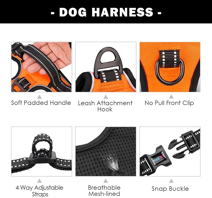Reflective Dog Harness Large Breed Adjustable No Pull Vest | with Handle 2 Metal Rings 3 Buckles [Easy to Put on & Take off](XL, Orange)