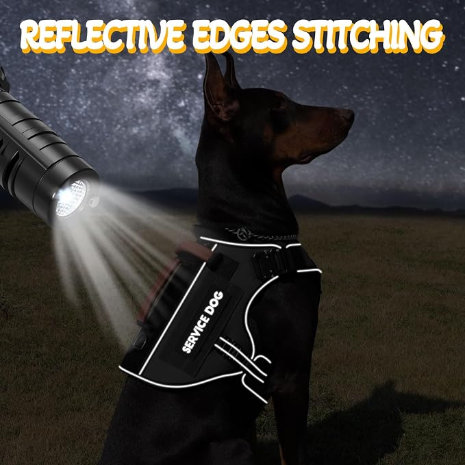 Service Dog Vest - HEYCAHVA Tactical Dog Harness Full Metal Buckles for Large Medium Dog Reflective No Pull Dogs Harnesses Vest with Leather Handle, Hook & Loop for Hiking Training (Black, L)