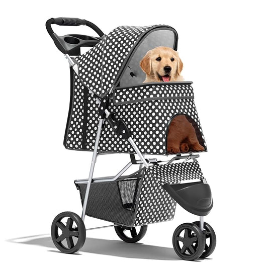 Pet Stroller for Small Dogs 10 lbs, Dog Stroller for Medium Dogs 30 lbs, Cat Strollers for 2 Cats, 3 Wheels Foldable Jogger Puppy Stroller with Storage Basket and Cup Holder, Black Polka Dots