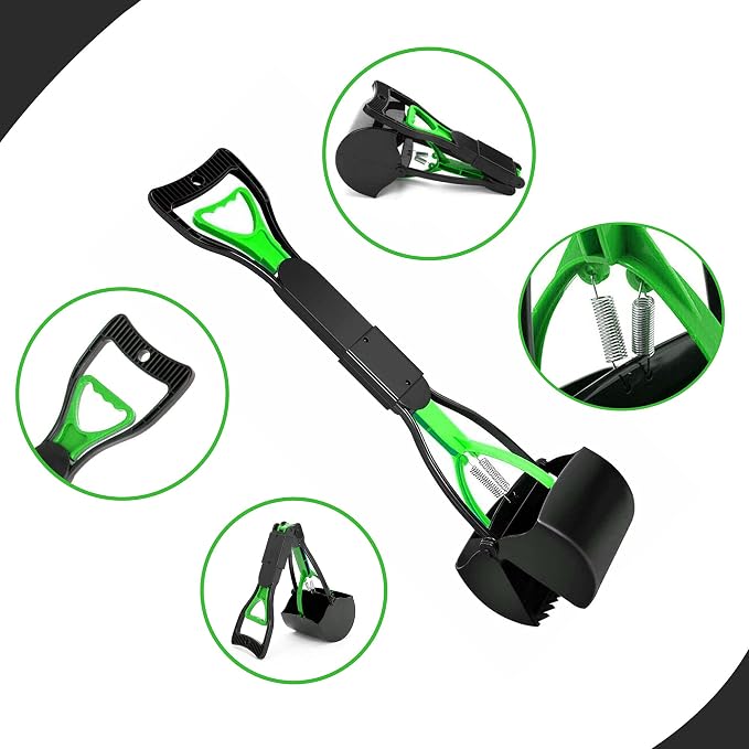 Temmel Pooper Scooper - Poop Scooper for Pet Waste Picking Up Without Smell - Dog Pooper Scooper with Foldable Long Handle – Heavy Duty Dog Poop Scoop with Jaw Claw Bin (23.62 Inches) (Green)