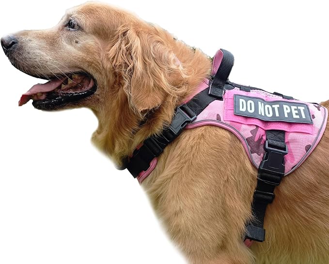 Tactical Dog Harness for Medium and Large Breeds, Air Dog Vest No Pull with Reflective Do Not Pet Patches, Breathable Dog Molle Vests for Training Walking Hunting Camo Pink
