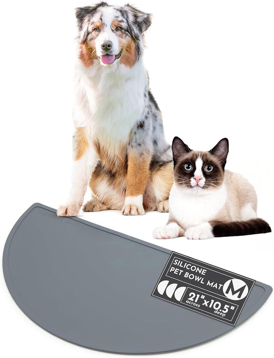 Waterproof Silicone Pet Food Mat - Non-Slip, Spill-Proof Feeding Mats for Floors, Raised Edge Design, Easy-to-Clean Mat for Dog & Cat Bowls, 21" Across x 10.5" Deep, Medium-Charcoal