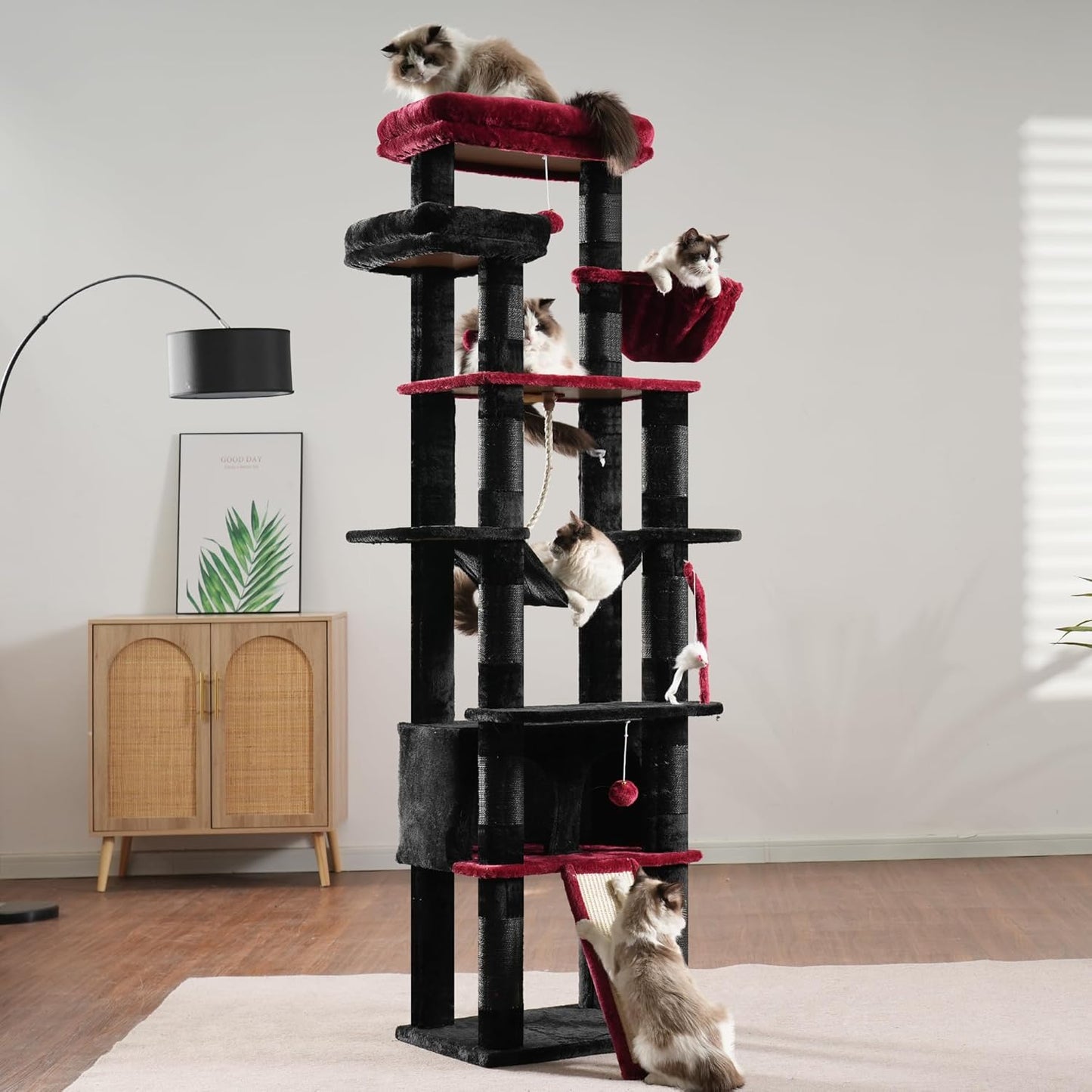 Heybly Tall Cat Tree, 78-inch Multi-Level Cat Tower for Indoor Cats, 2 Widened Plush Perches Cat Condo with Scratching Board and Big Caves, Black and Red HCT033BR