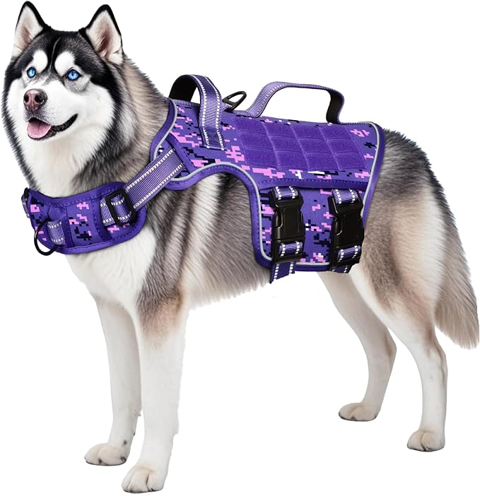 Dog Harness for Large Dogs, No Pull Tactical Vest with Front Clips | Easy Contrl Handle, Breathable Soft Padded, Adjustable, Reflective, Heavy Duty, Easy Take On & Off, Purple Camo X-Large