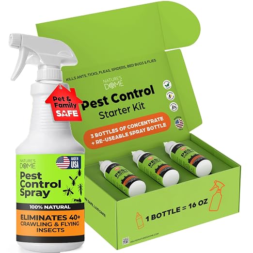 Nature's Dome Pest Killer Starter Kit, Makes 48 Oz (3 Concentrate Vials + 1 Reusable Sprayer) Plant-Based Ant, Roach, Spider & Fly Killer Spray | Indoor/Outdoor, Child & Pet Safe Essential Oil Formula