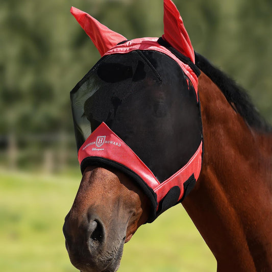 Harrison Howard Pro Luminous Horse Half Face Fly Mask Large Eye Space with Ears UV Protection for Horse Coral Orange XL