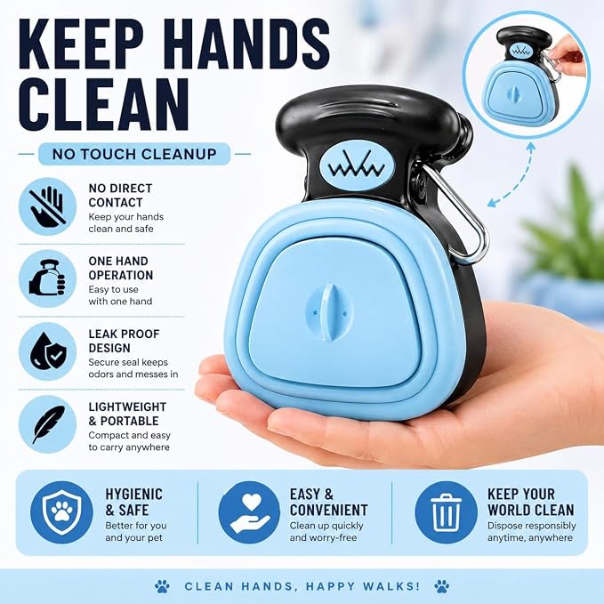 Dog Pooper Scooper with Waste Bag Dispenser – Small Size, Portable, Lightweight, One-Hand Operation, Leak-Proof, Durable Pet Waste Scooper (Blue)