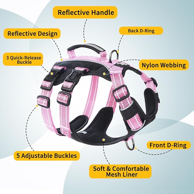 Service Dog Vest Harness, Escape Proof Harness with 6 Patches, No-Pull, Reflective Harness with Handle, Adjustable for Small to Large Dogs, for Training and Hiking (Pink, S)