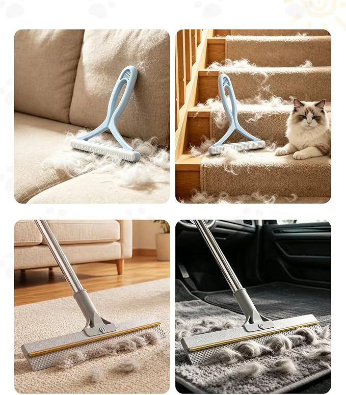 Pet Hair Remover for Carpet, 54 Inch Adjustable Long Handle Carpet Rake for Pet Hair Removal, 3 Piece Dog Hair Carpet Rake and Carpet Scraper Tool for Rugs, Couch, Stairs, Furniture