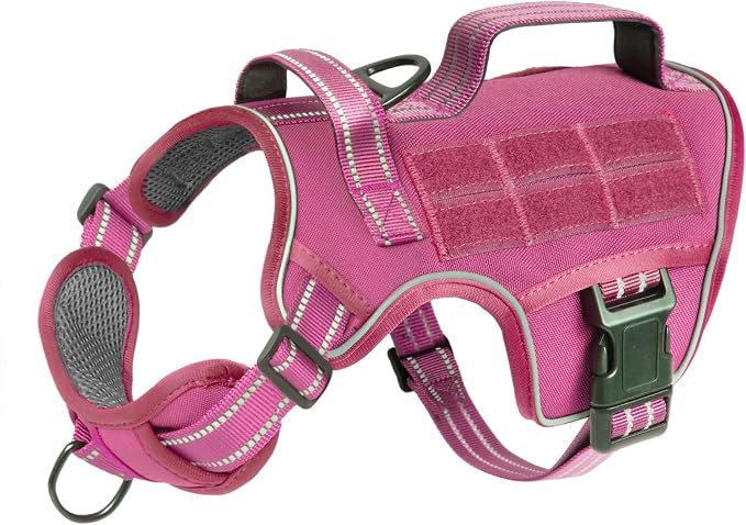 Dog Harness, Tactical No Pull for Small Sized Dog with Handle | Breathable Soft Padded, Adjustable, Reflective, Molle System, Heavy Duty, No Choke for Walking Training, Pink Small
