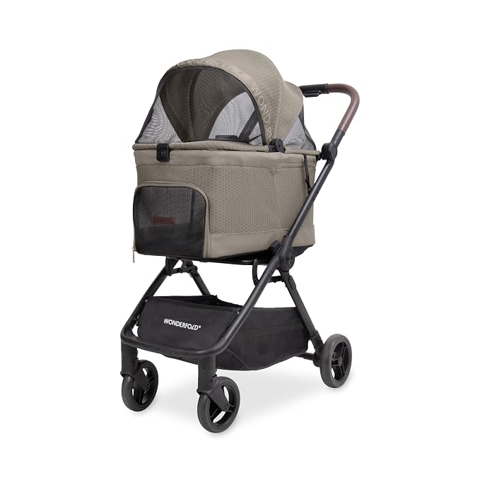 WonderFold Bella Pet Stroller - Autofold Design with Lightweight Aluminum Frame, Breathable Carriage Fabrics and Canopy, Safety Tethers & Easy-Clean Interior - Dune