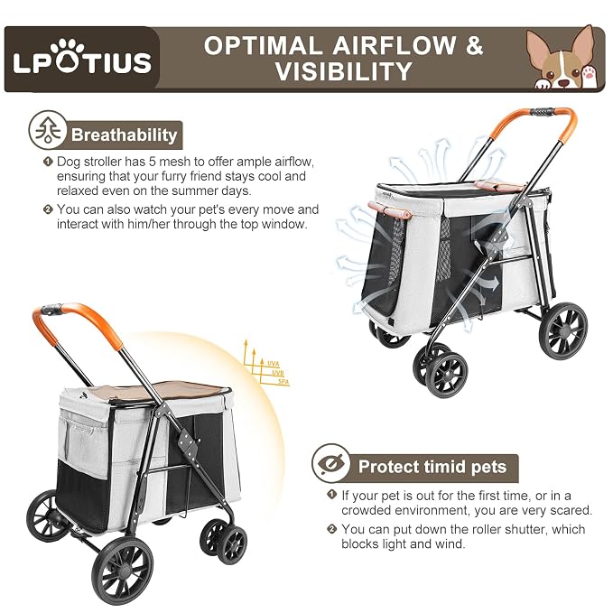 Pet Stroller for Large & Medium Dogs up to 70 lbs, 4-Wheel Extra Large Dog Stroller with 3-Way Entry & Sunshade, Heavy Duty Puppy Wagon with One-Click Folding, All-Terrain & Ventilated, Gray
