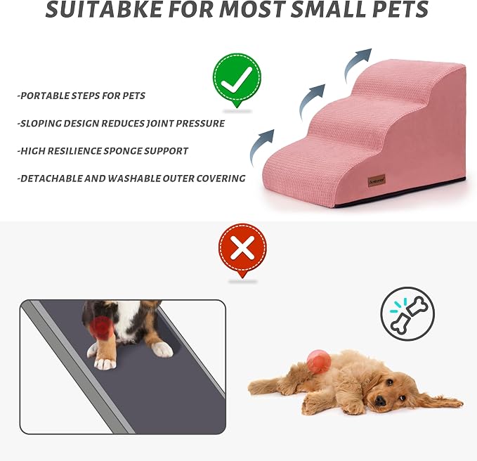 Dog Stairs for Small Dogs, 3-Step Pink Pet Ramp for Couch, Cats & Puppies | Aodisman Elegant Pink Pet Stairs Designed for Small Dogs and Cats, Providing Easy Access with Comfort and Style, 15.7" H