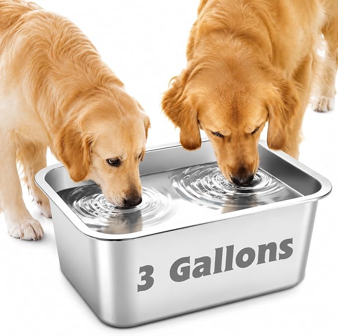 YUEPET 3 Gal Large Stainless Steel Dogs Water Bowl, Outdoor Dog Water Bowl | 3 Gallon Capacity, Food and Water Use, Rounded Corners, Easy-Clean Surface, Raised Edges, XL Dogs & Multi-Dog
