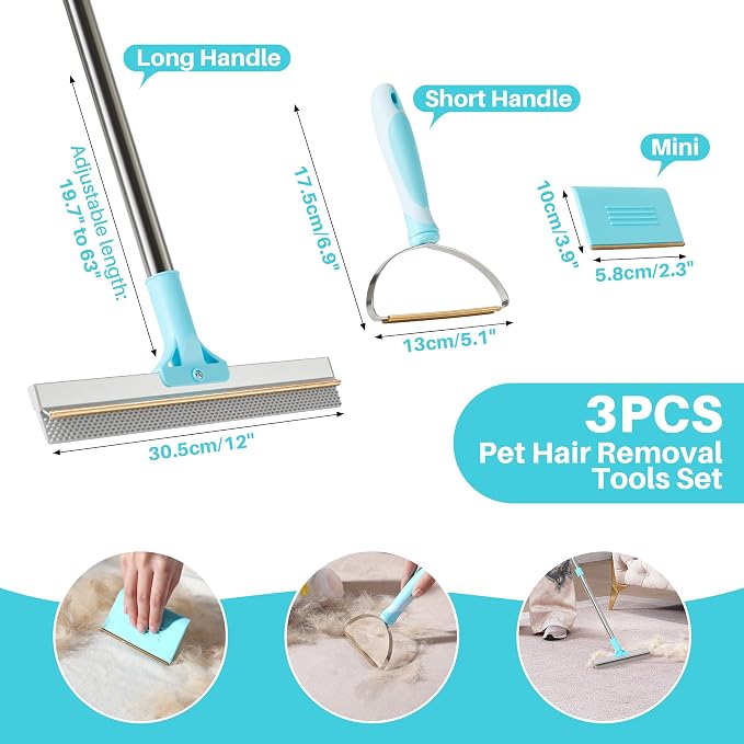 JOYMOOP 3 PCS Carpet Rake for Pet Hair Removal, 63" Adjustable Long Handle and Short Handle Reusable Pet Hair Remover, 1 Mini Cat Dog Hair Carpet Scraper for Rugs, Sofa,Cloth