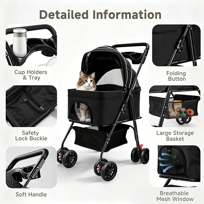 Pet Stroller for Small Dogs and Cats with 4 Wheels, 3 in 1 Foldable Dog Stroller with Detachable Carrier, Breathable Mesh, Storage Basket & Cup Holder, Up to 33 lbs