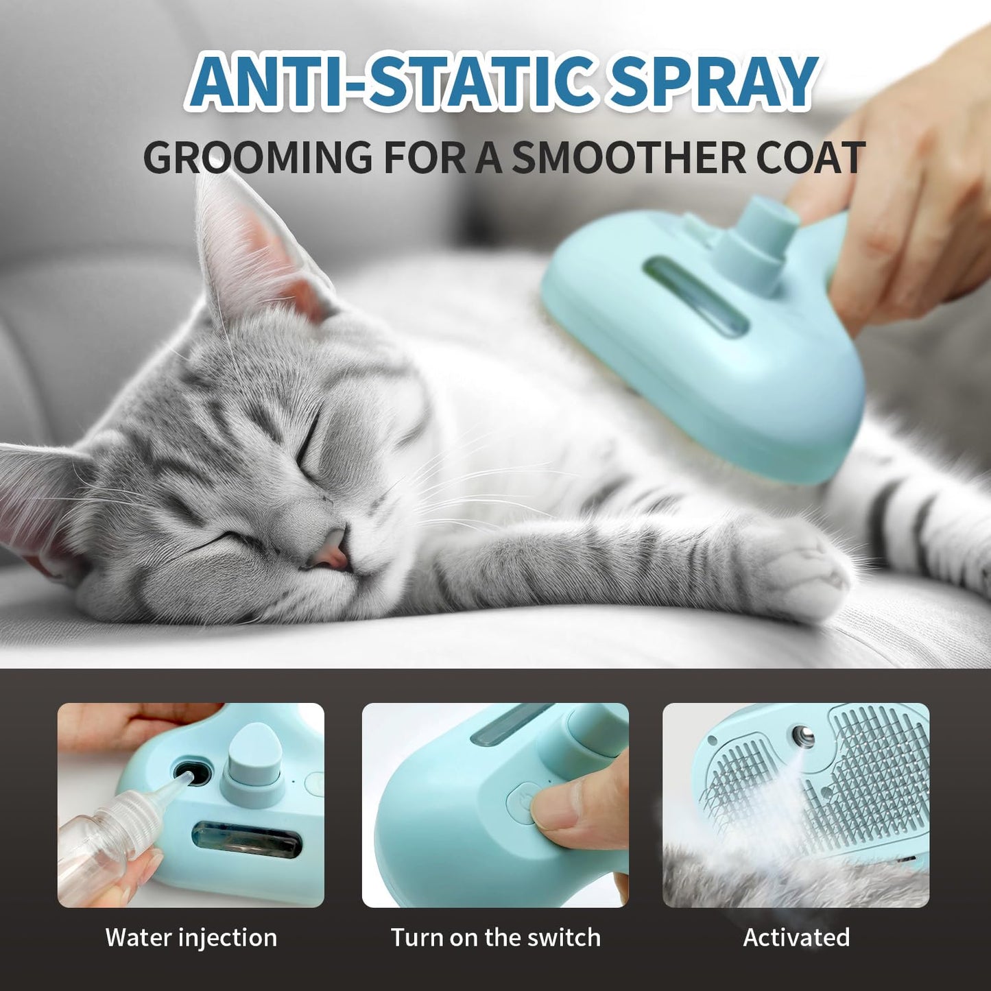 Spray Cat Brush for Shedding, Static & Tangled Hair - Self Cleaning, Long & Short Hair Pets Grooming Brush (Blue)