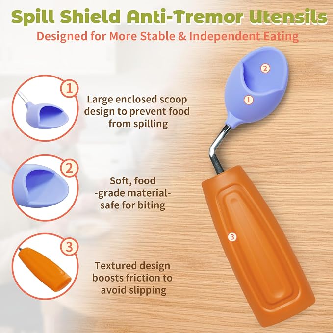Anti-Tremor Spill Shield Spoon for Hand Tremors Parkinsons, Weighted Adaptive Utensils with Large Enclosed Scoop, Ergonomic Non-Slip Handle, Dishwasher Safe (Brown, Left Spoon)